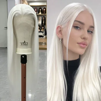 Parrucca Bianca con Frontale in Pizzo 13x4, Parrucca Sintetica Lunga e Liscia Pre-Plucked con Attaccatura Naturale per Donne, Feste e Cosplay