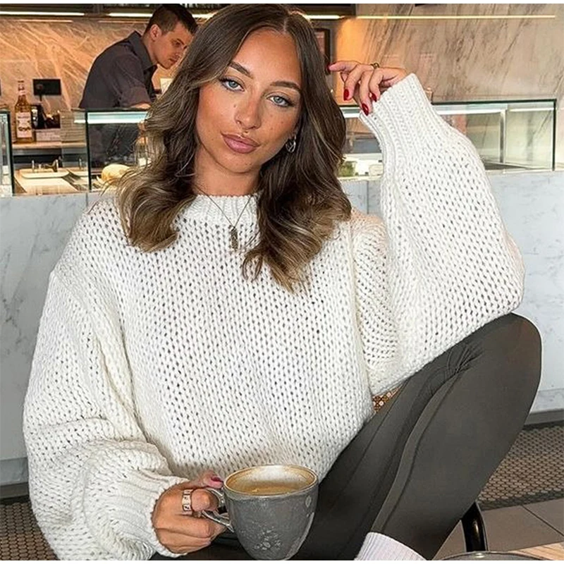 Casual Knitted Hollow Out O-neck Sweaters Women Loose Solid Long Sleeve Pullover Sweater Female Autumn Chic Elegant Street Tops