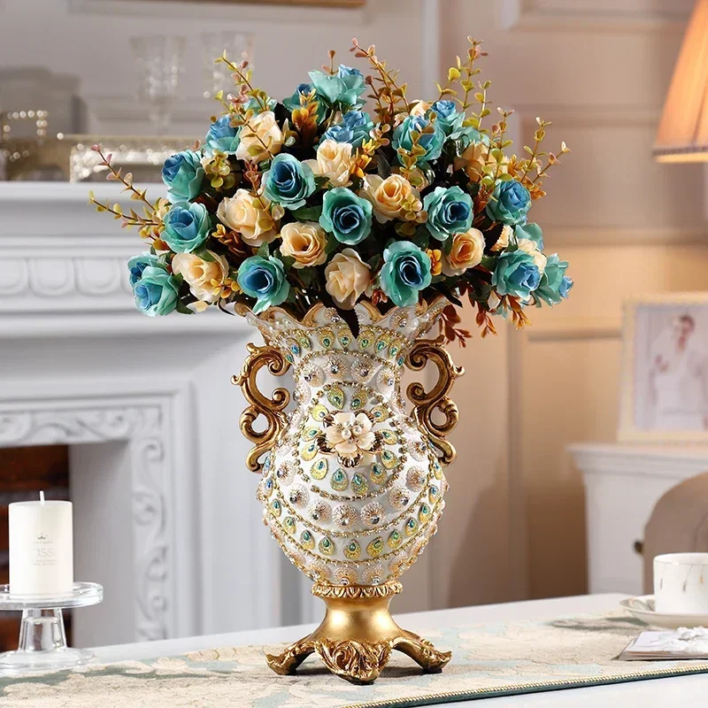 

European luxury Diamond Resin Vase Fake Flower Set Ornaments Home Livingroom Cabinet Furnishing Crafts Store Hotel Accessories