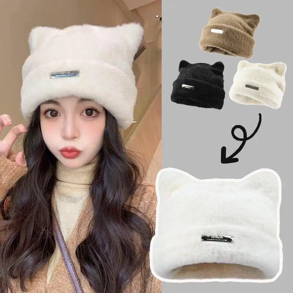 Lovely Iron Label Decorative Beanie Hat With Ears Warm Plush Cat Beanie Winter Faux Fur Elastic Knitted Hat Women Outdoor women hat woolen hat led beanie hat