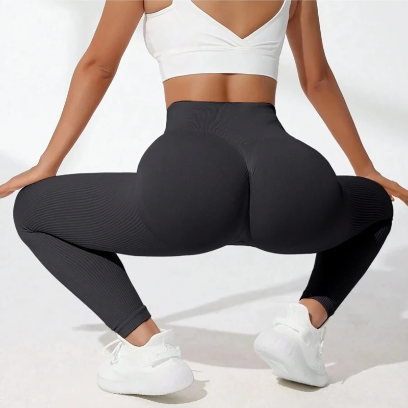 Women High Waist Seamless Thread Knitted Yoga Leggings Hip Lifting High Elastic Slim Training Running Gym Fitness Fashion Pants 1
