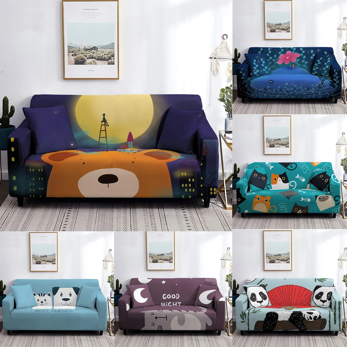 Cute Cartoon Animal Pattern Anti-Slip Elastic Stretch Slipcover Decor Furniture Protector Couch Cover Sofa Covers Housse Canapé