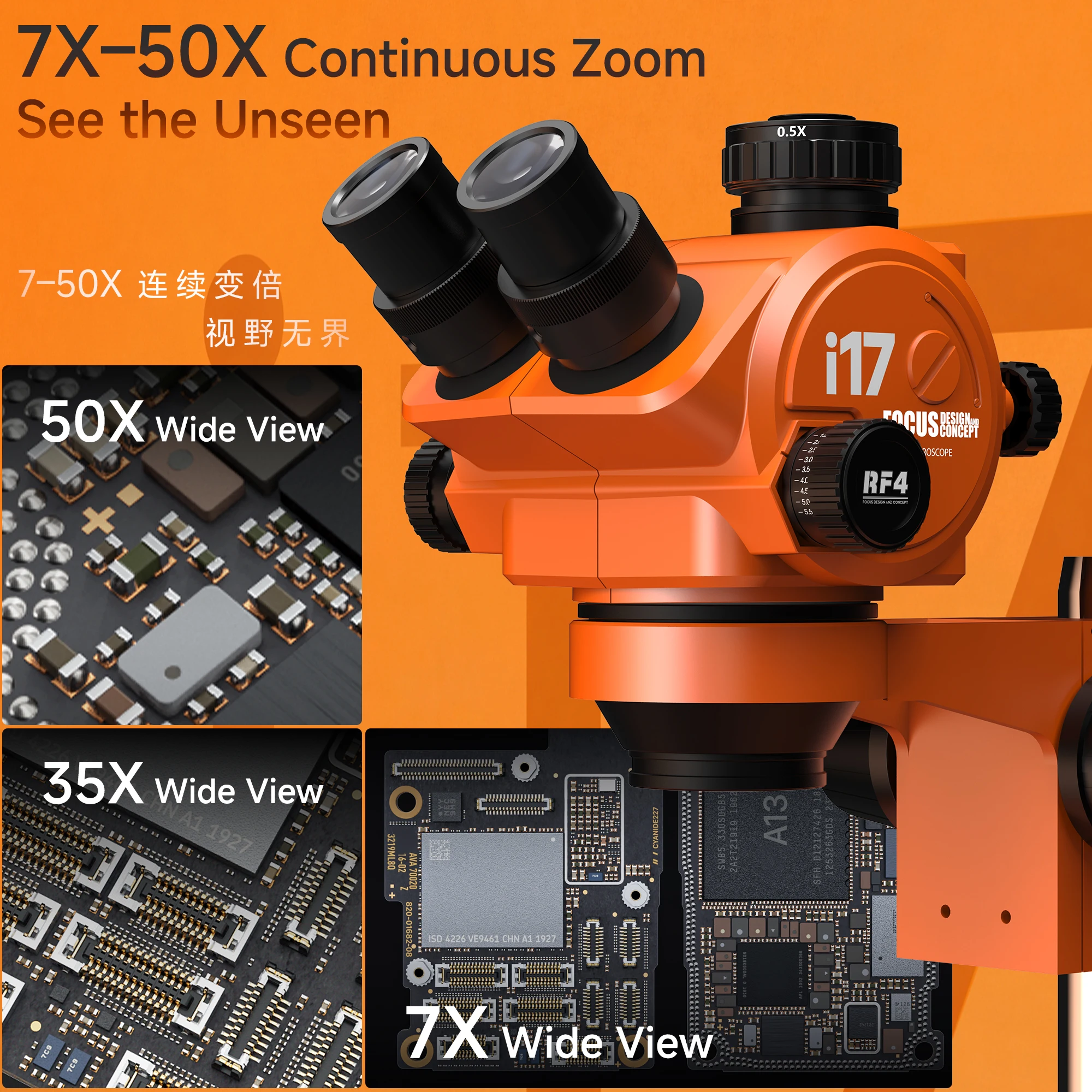 새로운 RF4 I17 오렌지 비전 현미경 7X?50X 연속 줌 기능으로 매우 선명한 세부 관찰이 가능하며, 수리 및 검사에 적합합니다.