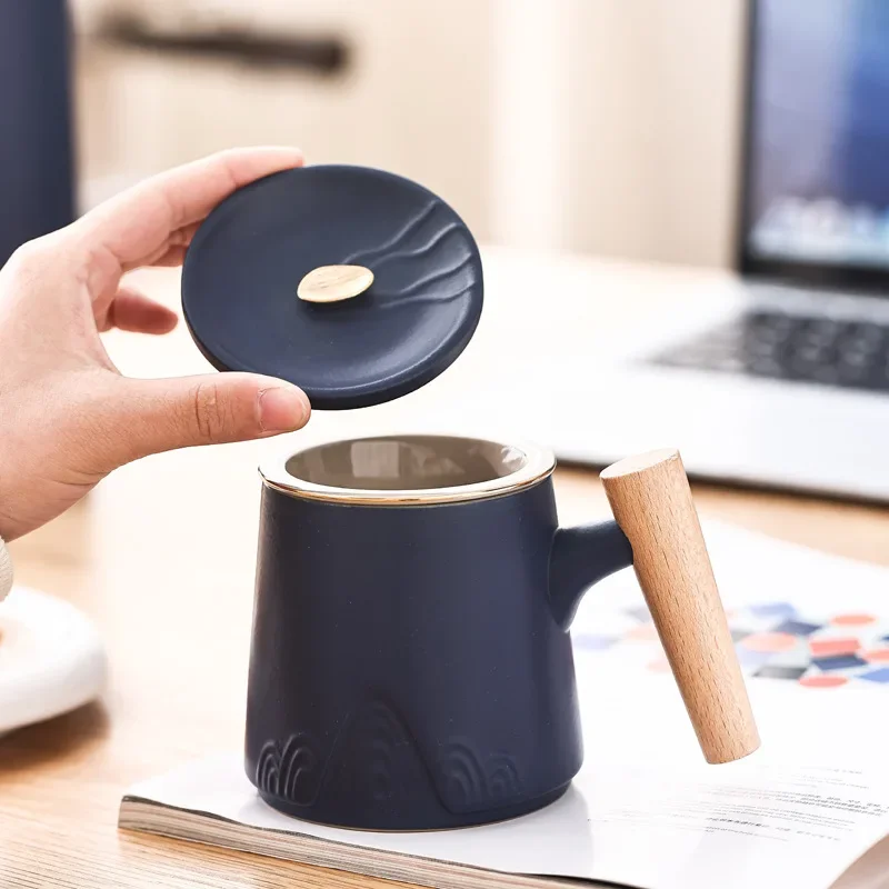 Portable Ceramic Tea Mug with High-end Mountain Carved Pattern Creative Thermos Cup Gift Box Packaging, Outdoor Office Home, 1Pc