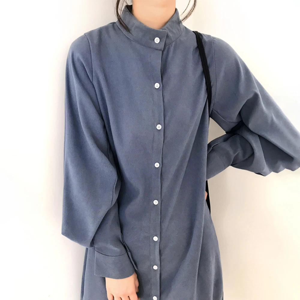 

Autumn Elegant Casual High Neck Dress Lantern Sleeve Solid Color Womens Shirt Dress New Fashion Simple Loose Ladies Long Dresses