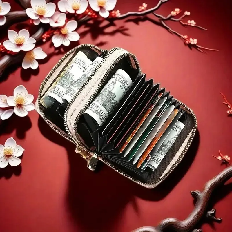 Women's Fashion Double Zipper Short Zipper Bag Litchi Pattern Large Capacity Organ Card Bag