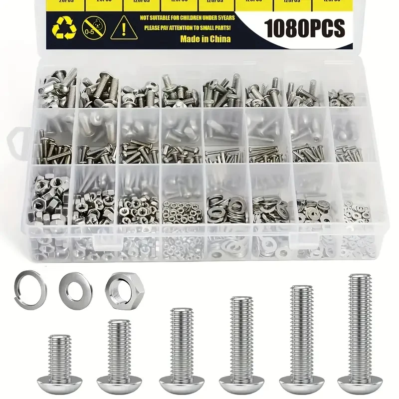 1080 hexagon nut and bolt kit, 304 stainless steel cross recessed pan head screws, M2/M3/M4/M5 metric screw