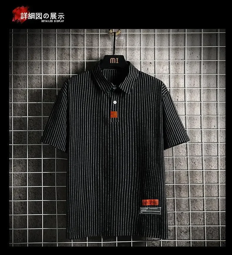 Men's Clothing Summer Vertical Striped Workwear Short Sleeve Polo Shirt Loose Fit American Retro Half Sleeve Top Solid Color 12 Se843217aa5e44e0eb92382c2d3b3dd74k