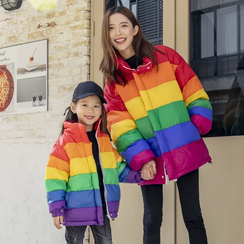 

Winter Jacket Women Plus Size Loose Rainbow Striped Harajuku Wadded Parka Coat Femme Chaqueta Mujer Outwear Women Puffer Jacket