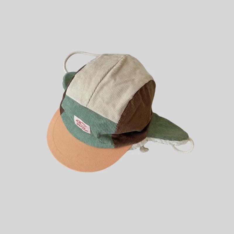 Winter Warm Corduroy Earflap Hat Color Block Patchwork Lei Feng Cap for Boys and Girls Cold Weather Protection 4