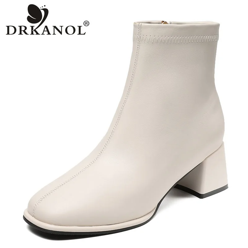 

DRKANOL Women High Heel Boots Fashion Solid Color Genuine Cow Leather Thick Heel Square Toe Zipper Modern Ankle Boots Ladies