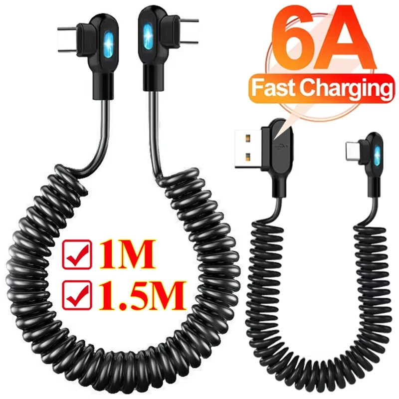 USB C To Type C 6A Quick Charging Data Cables Retractable Coiled 90 Degree Elbow Charger Cord for Samsung Xiaomi Car Cable 
