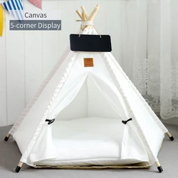 Cozy Pet Teepee Tent with Cushion & Blackboard - Portable, Washable Indoor House - M-5-corner tent (White Canvas)