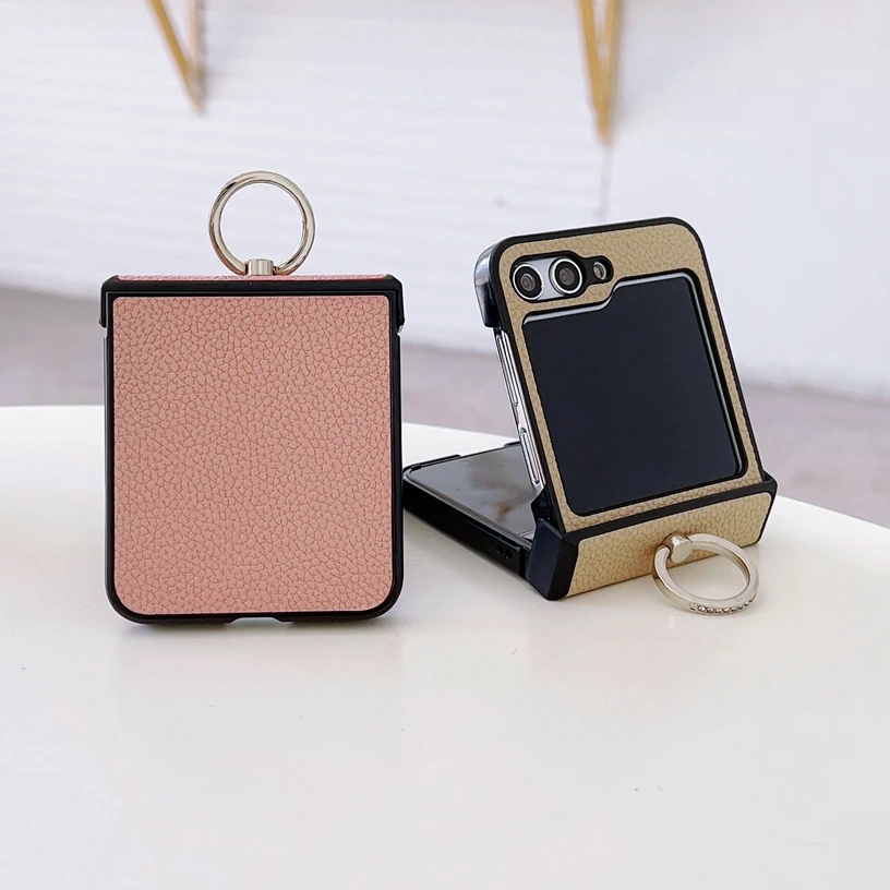 Elegant Lichee Pattern Leather Ring Holder Case with Hinge Cover