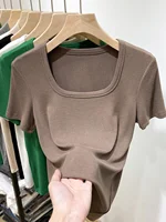 2024 New Sle Women's Slim Fit ort Sve T-irt Square Collar Tead Design Faionable Spring Summer Top Casual Wear - Image 2