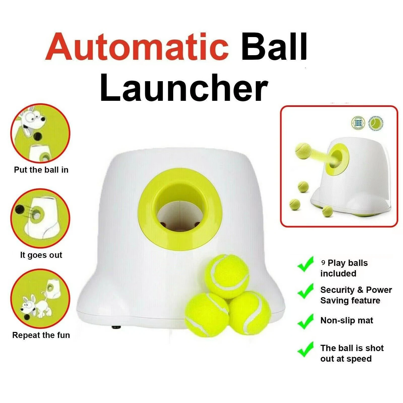 

Automatic Ball Launcher Throwing Machine Dog Toys Interactive Tennis Pet Thrower with 9 balls