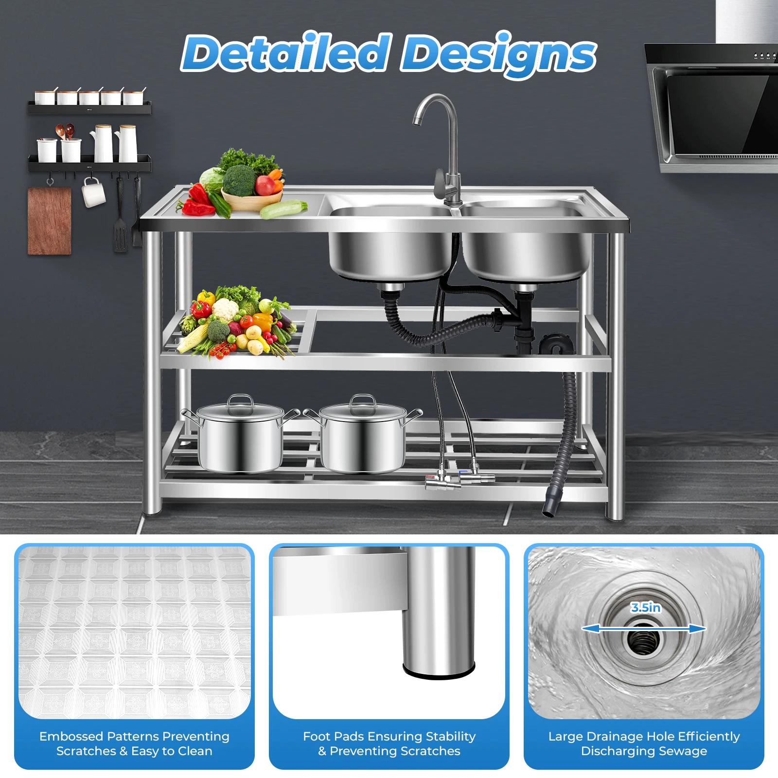 Kitchen Commercial Sink with 2 Bowls 2 Compartment Utility Sink with 2 Drainer & 2 Shelves 304 Stainless Steel 2