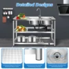 Kitchen Commercial Sink with 2 Bowls 2 Compartment Utility Sink with 2 Drainer & 2 Shelves 304 Stainless Steel 2