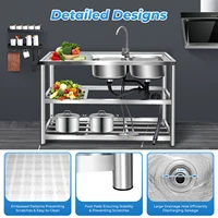 Kitchen Commercial Sink with 2 Bowls 2 Compartment Utility Sink with 2 Drainer & 2 Shelves 304 Stainless Steel 2