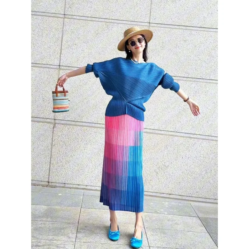 Abbigliamento da donna Primavera Estate Top pieghettato Moda Nuova gonna sfumata Set di abiti lunghi - immagine 4