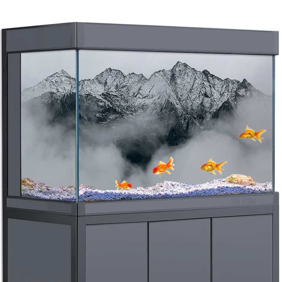 Aquarium Background Sticker Decoration for Fish Tanks, Gray Mountain Fog HD  3D Poster Self-Adhesive Waterproof