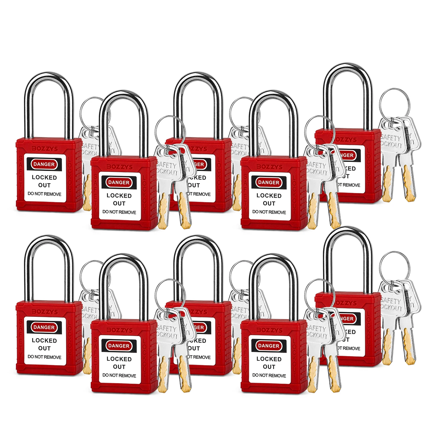 

Plastic Safety Padlock Set-10 Pack,Keyed Different,Steel Shackle,2 Keys per Loto Locks,to Overhaul of Lockout-Tagout Equipment