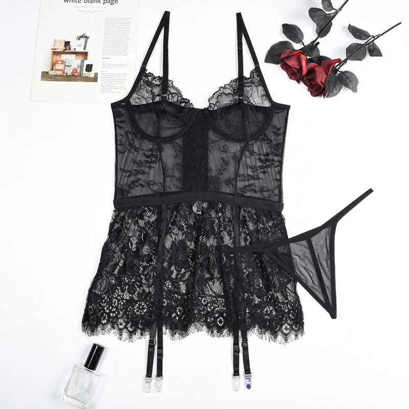 Toucheart Sexy Lace Underwear Nightgown Suit for Women Lace Suspender Skirt Nightgown Pajamas Home Clothes Sexy Lingerie Suit
