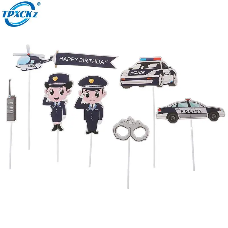 

7Pcs/lot Police Cake Toppers Policeman Plane Handcuffs Call Machine Decoration Happy Birthday Party Kids Boy Girl