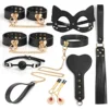Leather Handcuffs & Ankle Cuffs Set with Collar, Leash, Ball Gag, Mask and Whip for Couples