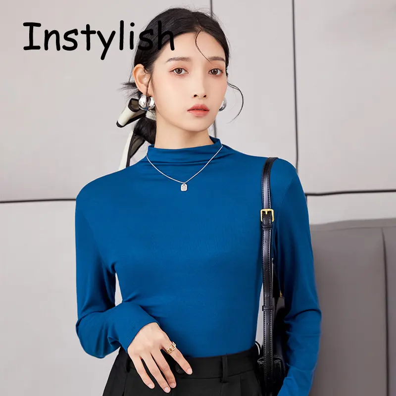 

Женская элегантная Базовая футболка из модала и хлопка с полувысоким воротником, повседневный однотонный тонкий пуловер, простые шикарные универсальные топы, корейский свитер