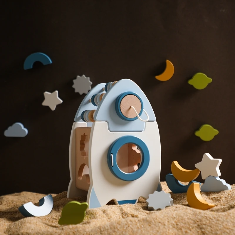 Wooden Montessori Rockets Building Blocks Toys Docking Toy Matching Box Shape Recognition Toy For Kids Early Educatio Gift YZ1