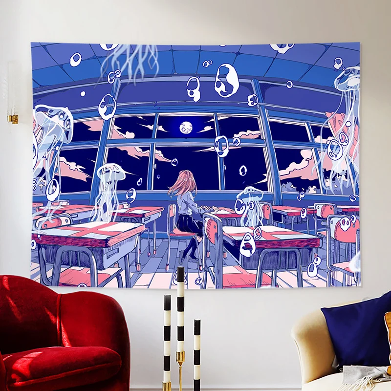Japanese Hand-painted Illustration Printed Tapestry Cartoon Anime Whale City Landscape Tapestry Wall Hanging Kawaii Room Decor tapestry decor anime wall decor