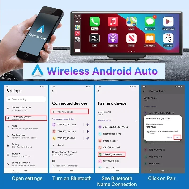 Dash Cam 4K Car Mirror Video Player Wireless Carplay Android Auto Car Monitor Multimedia GPS Rearview Camera Dashboard 10.26"