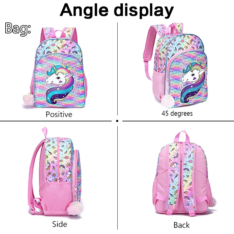 2022 New Unicorn 3 Piece Set Sequin School Bags for Girl Primary Secondary School Students Cute Backpack for Travel