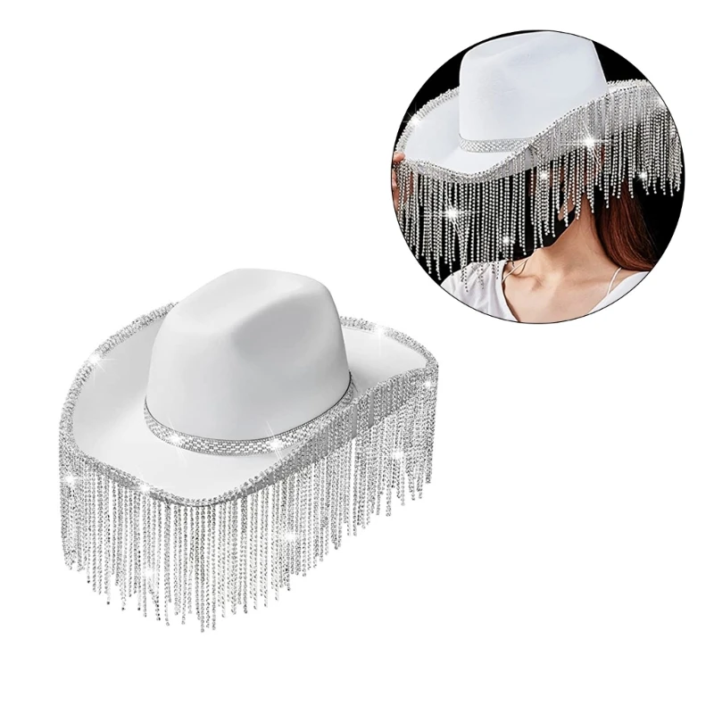 M2EA Rhinestones Cowgirl Hats Glitter Rave Cow Girl Hat with Rhinestones Fringe Adult Size Cowboy Hat for Party 3 Color cowboy hats cowgirl hats