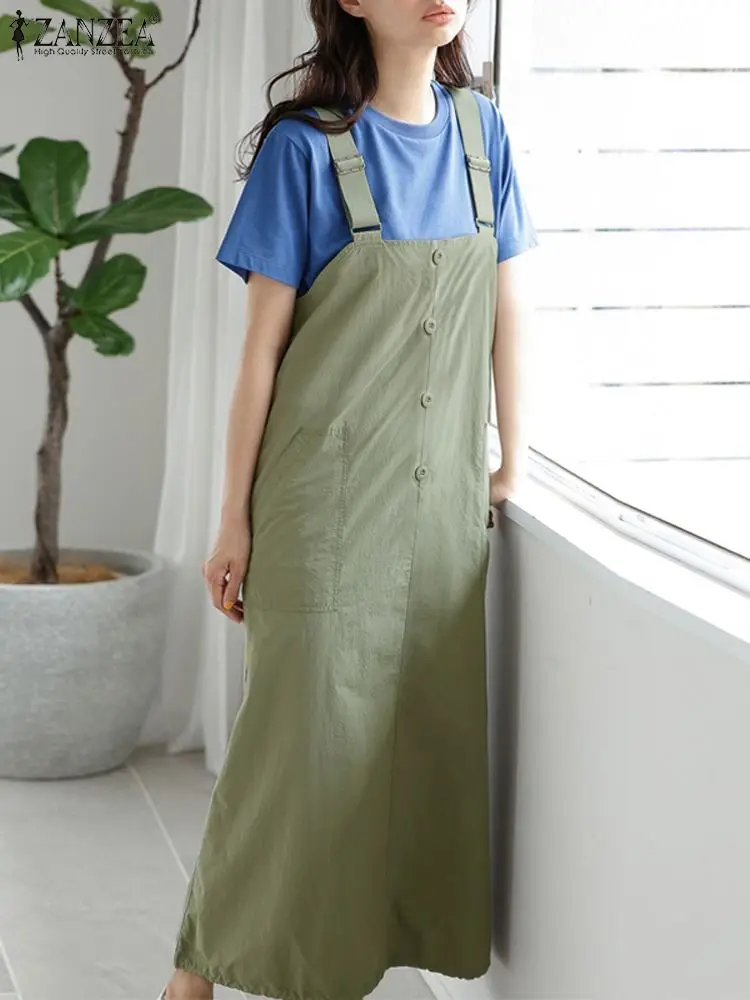 

ZANZEA Oversized Pocket Overalls Streetwear Suspender Skirt Fashion Women Buttons Long Dresses 2024 Summer Casual Loose Sundress