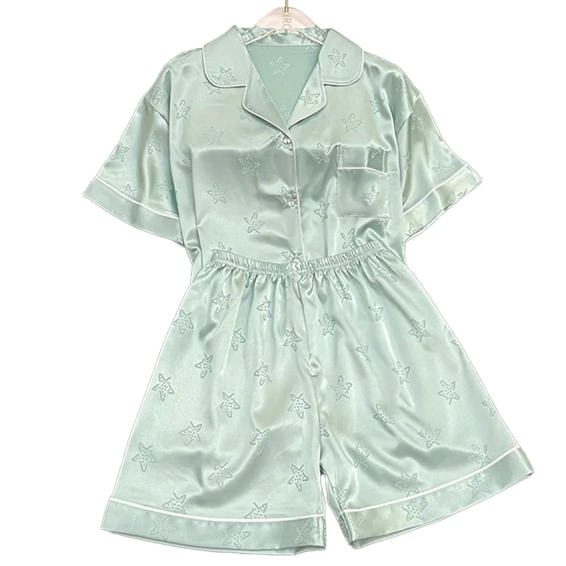 Ling Button Down Loungewear Pajamas Freshness Ice Silk Satin Sleepwear Women 2PCS Fashion Women's Home Wear Short Sleeved Set