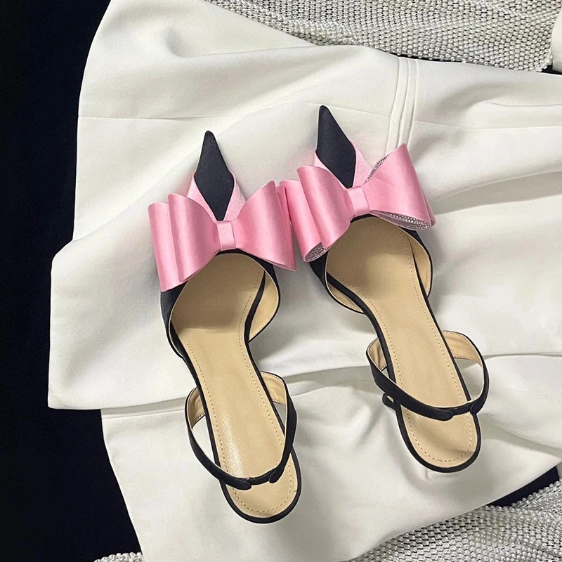 

Silk Bowknot Rhinestone High Heels New French Style Celebrity Pointed Thin Heels Hollow Baotou Sandals