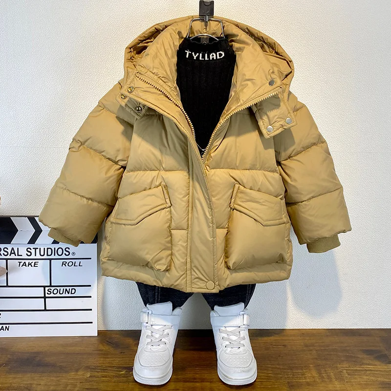 

Children's 2023 Winter Thicken Down Cotton Coat Boys Fashion Solid Color Zipper Hooded Jacket Kids Parka Outerwear 3-14 Years