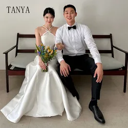 Elegant Satin Wedding Dress For Women Halter Neck Sleeveless A Line Floor Length Korea Wedding Photoshoot Simple Bridal Gown