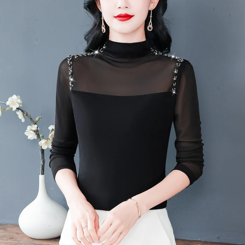 European Style Long Sleeved Bottom Shirt Autumn Winter Half High Collar Mesh Tops Patchwork Women Diamond T Shirt