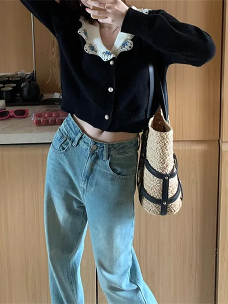 여성용 크롭 가디건 재킷, 빈티지 자수, 니트 스웨터, 상의, 패션, 한국 신상