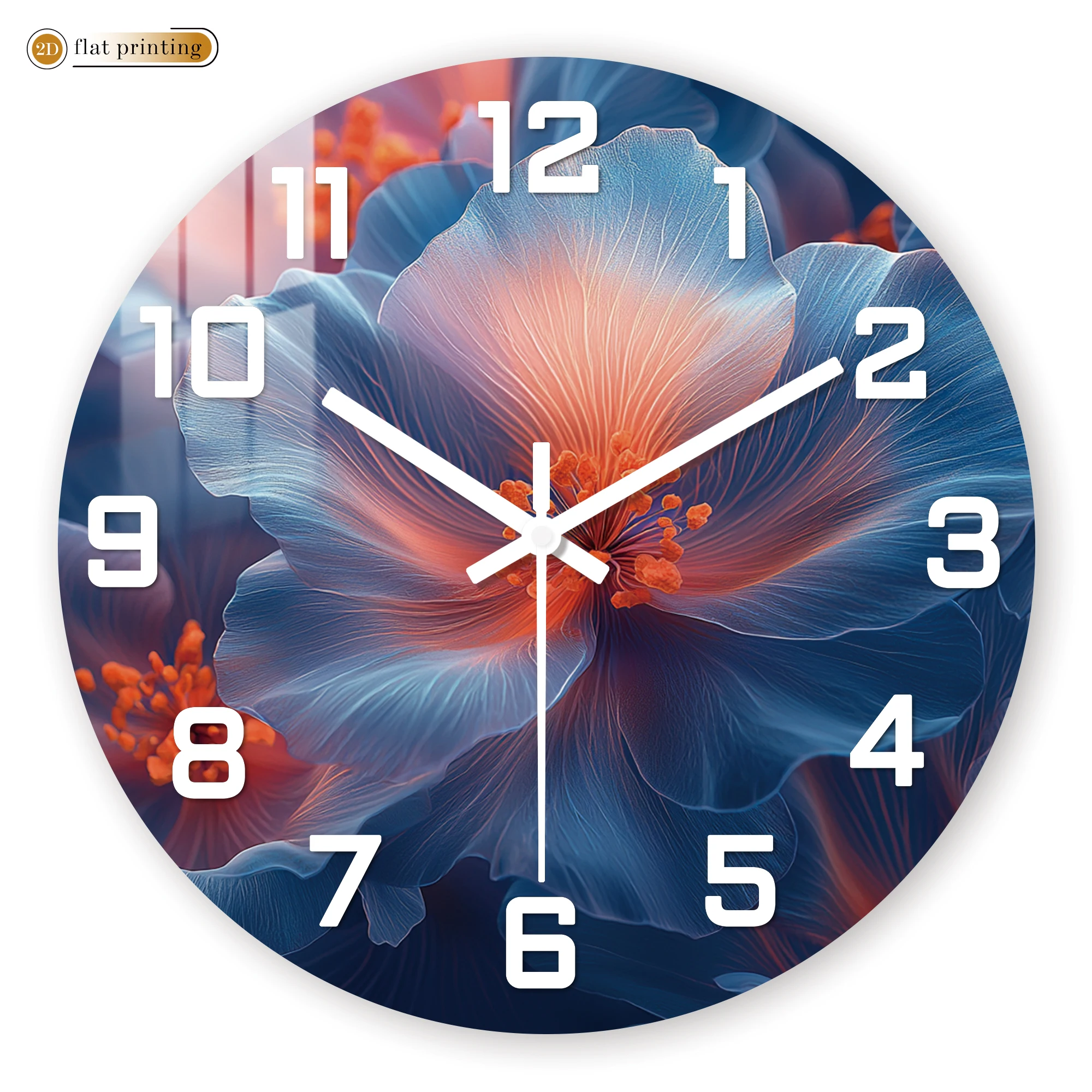 שעון קיר פרחוני כחול-כתום רטט, עיצוב פרחים מודפסים בשטח 2D, שעון מעוצב מדהים לבית