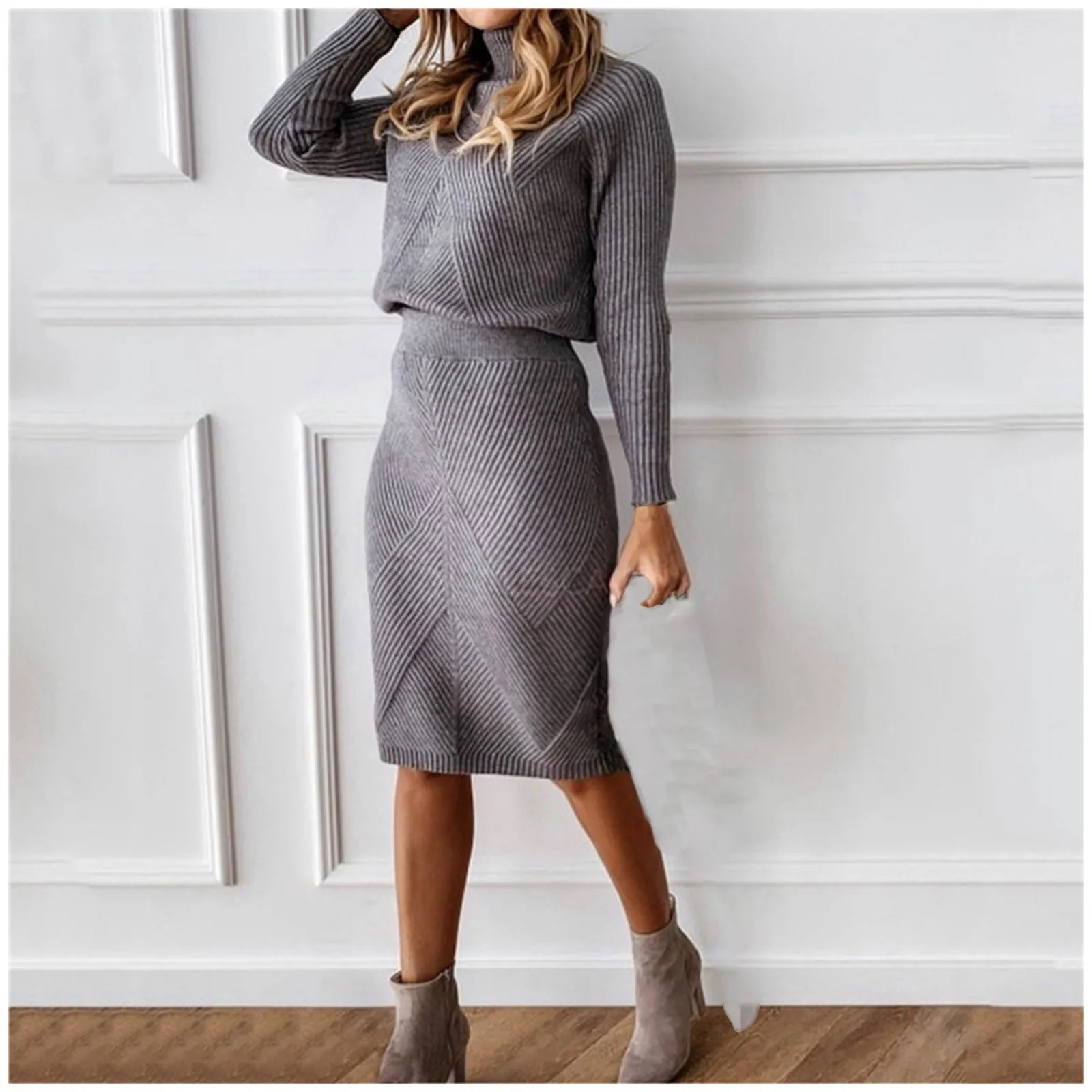 2024 Autumn Women's Knitting Costume Turtleneck Solid Color Pullover Sweater + Slim Skirt Knitted Two-Piece Set Outfits