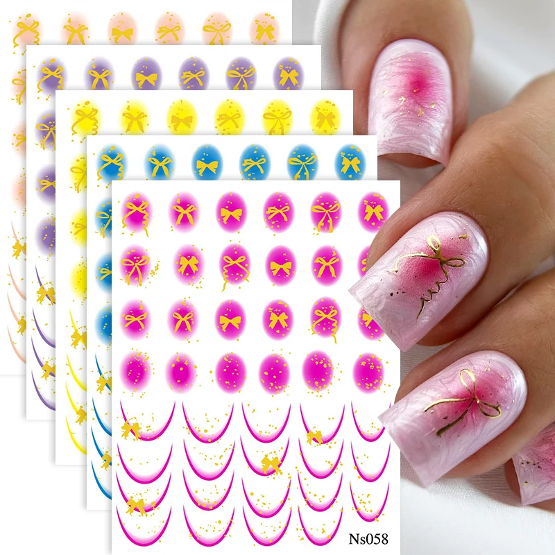 Nail Stickers Gold Bowknot 3D Nail Stickers Summer Flower Water Decals Dress Slider French Nail Foil Wraps DIY Art Decoration