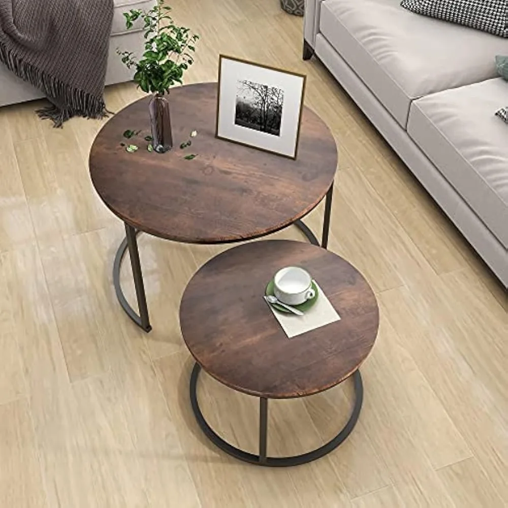 Description Picture 5 of itemHOJINLINERO Industrial Round Coffee Table Set of 2 End Table for Living Room,Stacking Side Tables, Sturdy and Easy Assembly,Wood