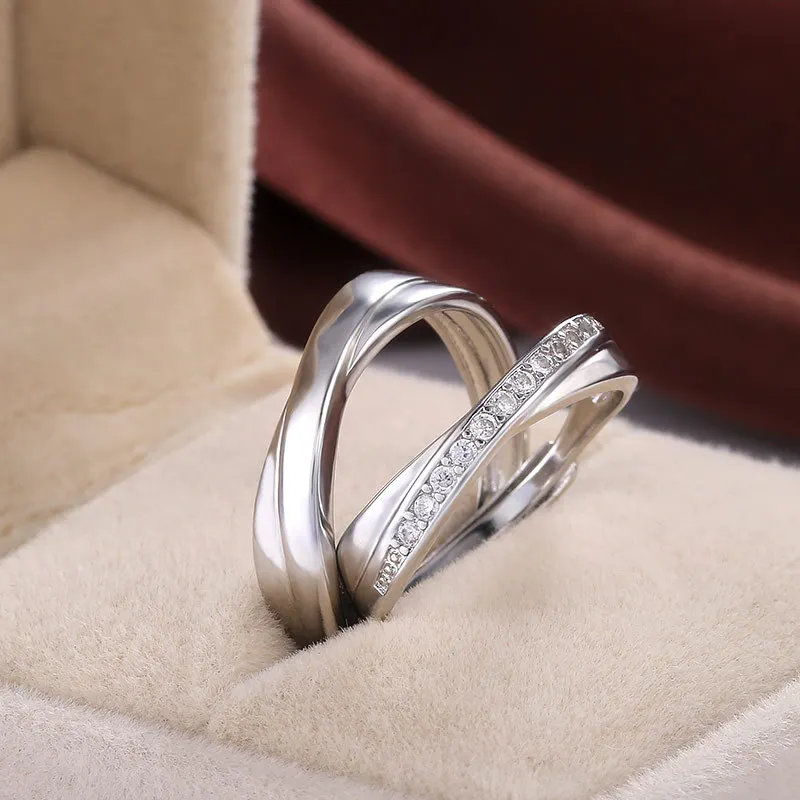 Open Adjustable Couple Ring For Men And Women Simple Wave Cross Zircon Finger Ring Male And Female Party Engagement Jewelry
