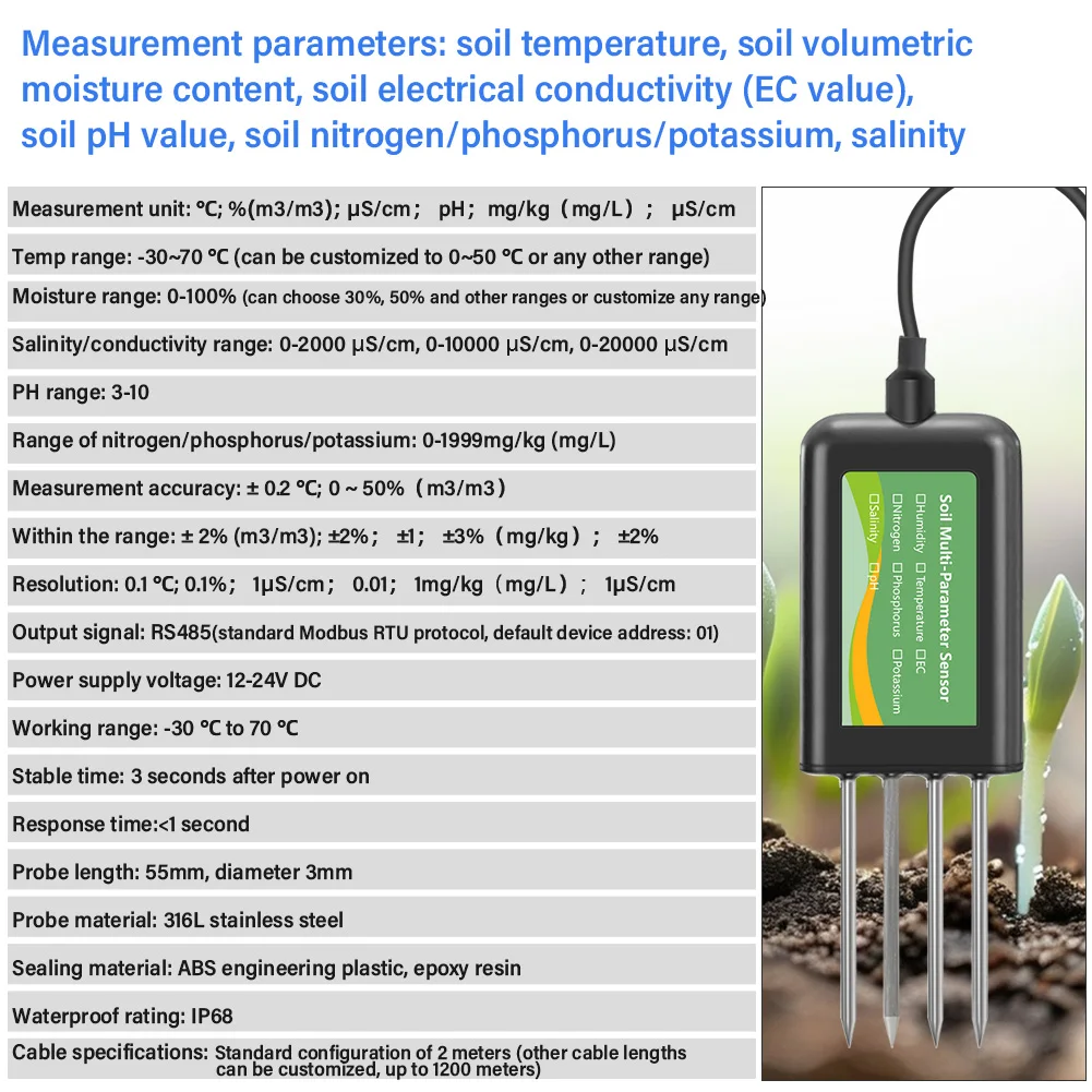 Soil Multi-Parameter Sensor RS485 8-in-1 pH EC Moisture Temperature Salinity NPK