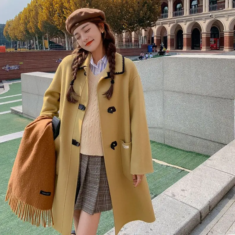 

2023 Winter New Women Preppy Style Solid Color Woolen Overcoat Female Long Loose Korean Style Fashion Casual Versatile Outerwear