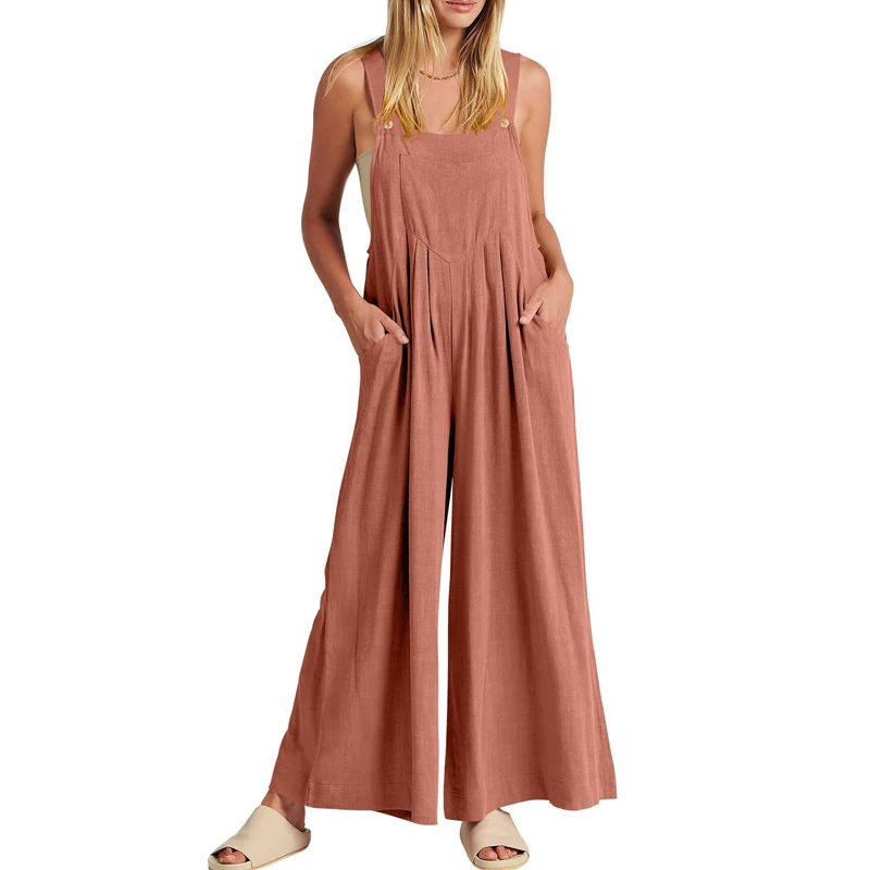 Women Vintage Solid Loose Pockets Cotton Linen Jumpsuits Outfit Summer Fashion Sleeveless Straight Pleated Overalls Rompers Ropa